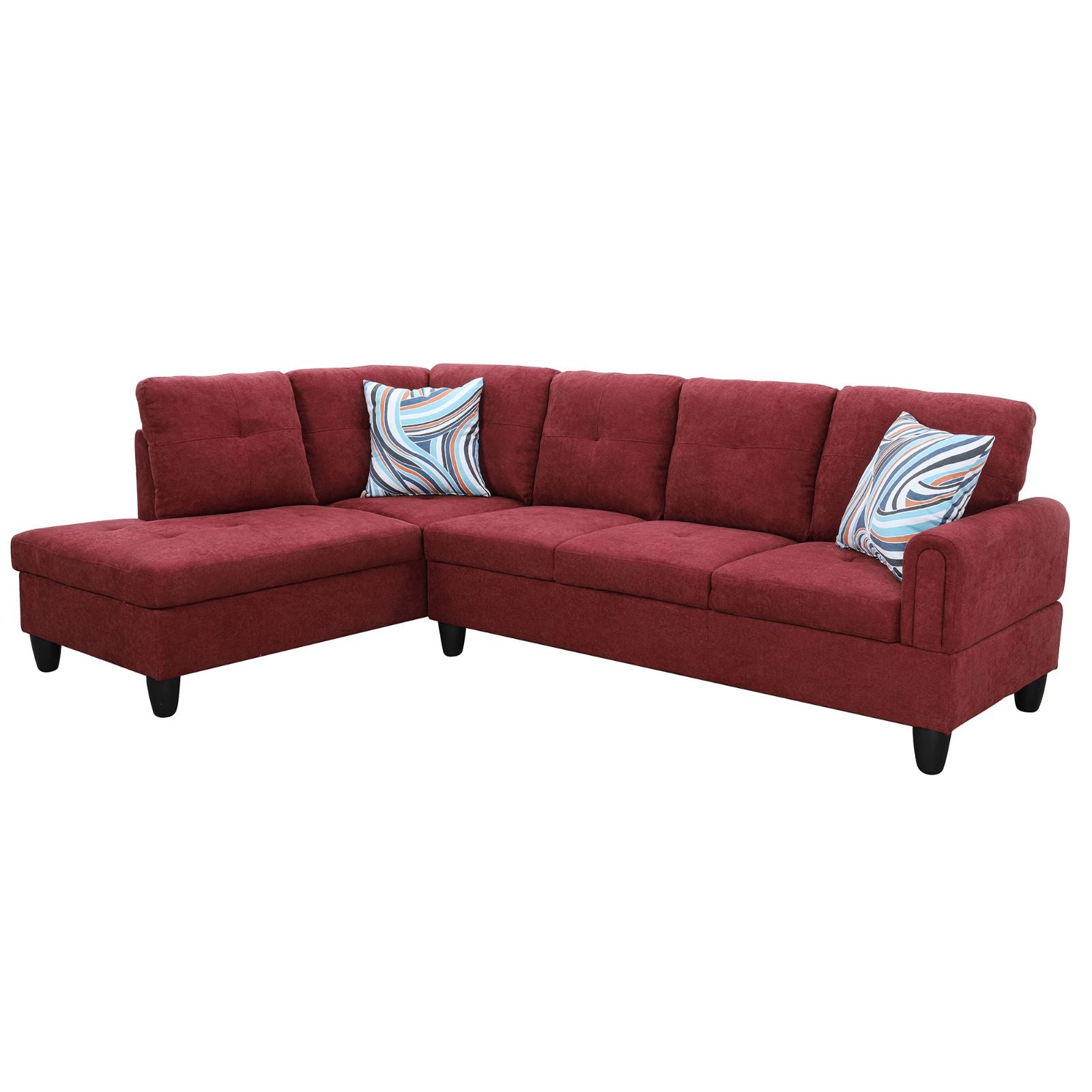 Red fabric sectional sofa with chaise and decorative pillows
