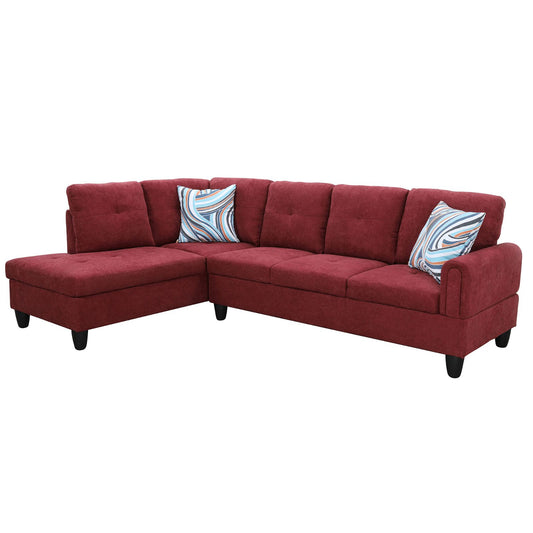 Red fabric sectional sofa with chaise and decorative pillows