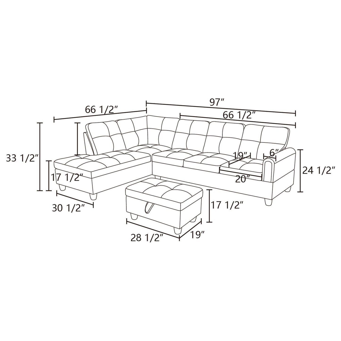 Diagram showing a tufted sectional sofa with an ottoman and dimensions