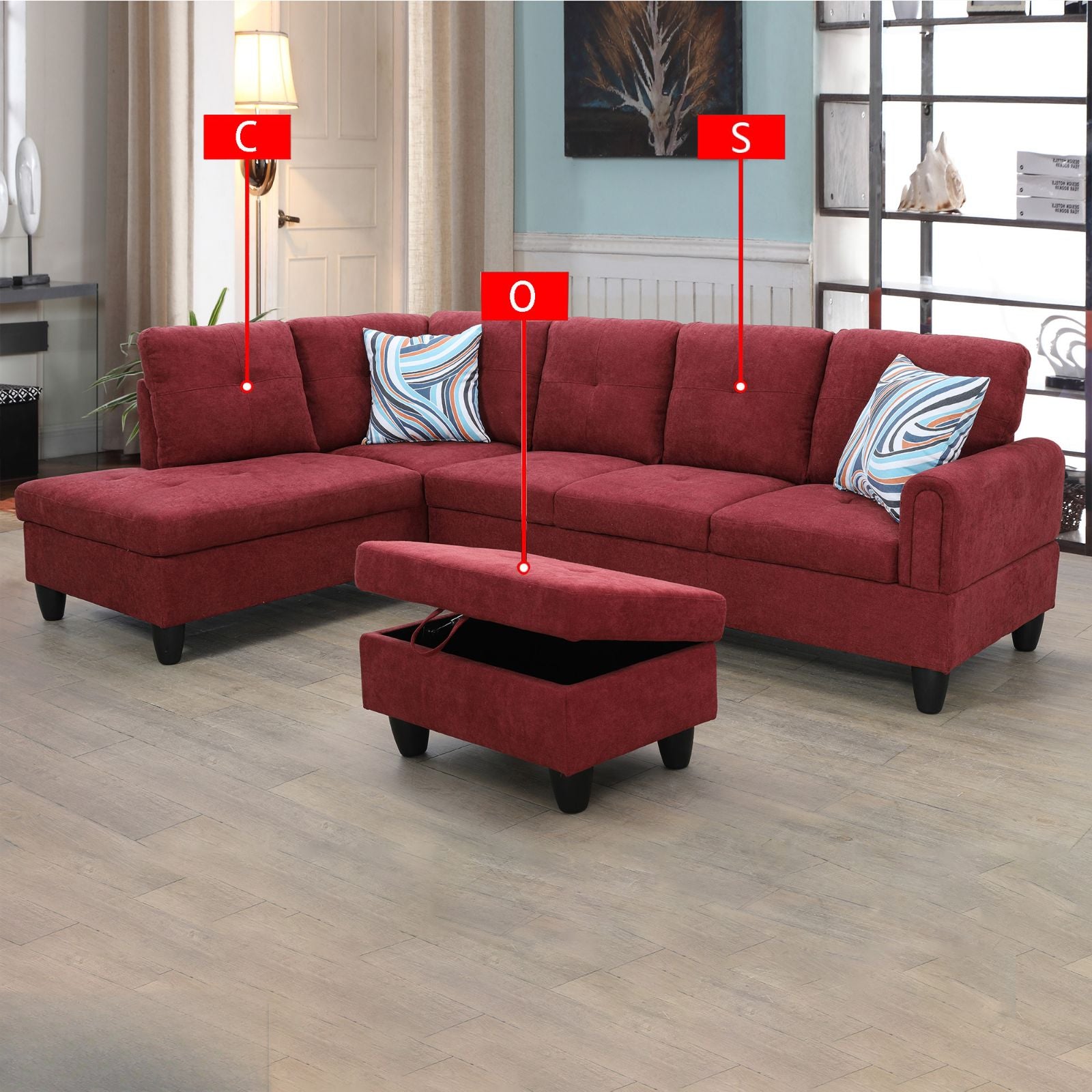 Red sectional sofa with chaise and matching storage ottoman