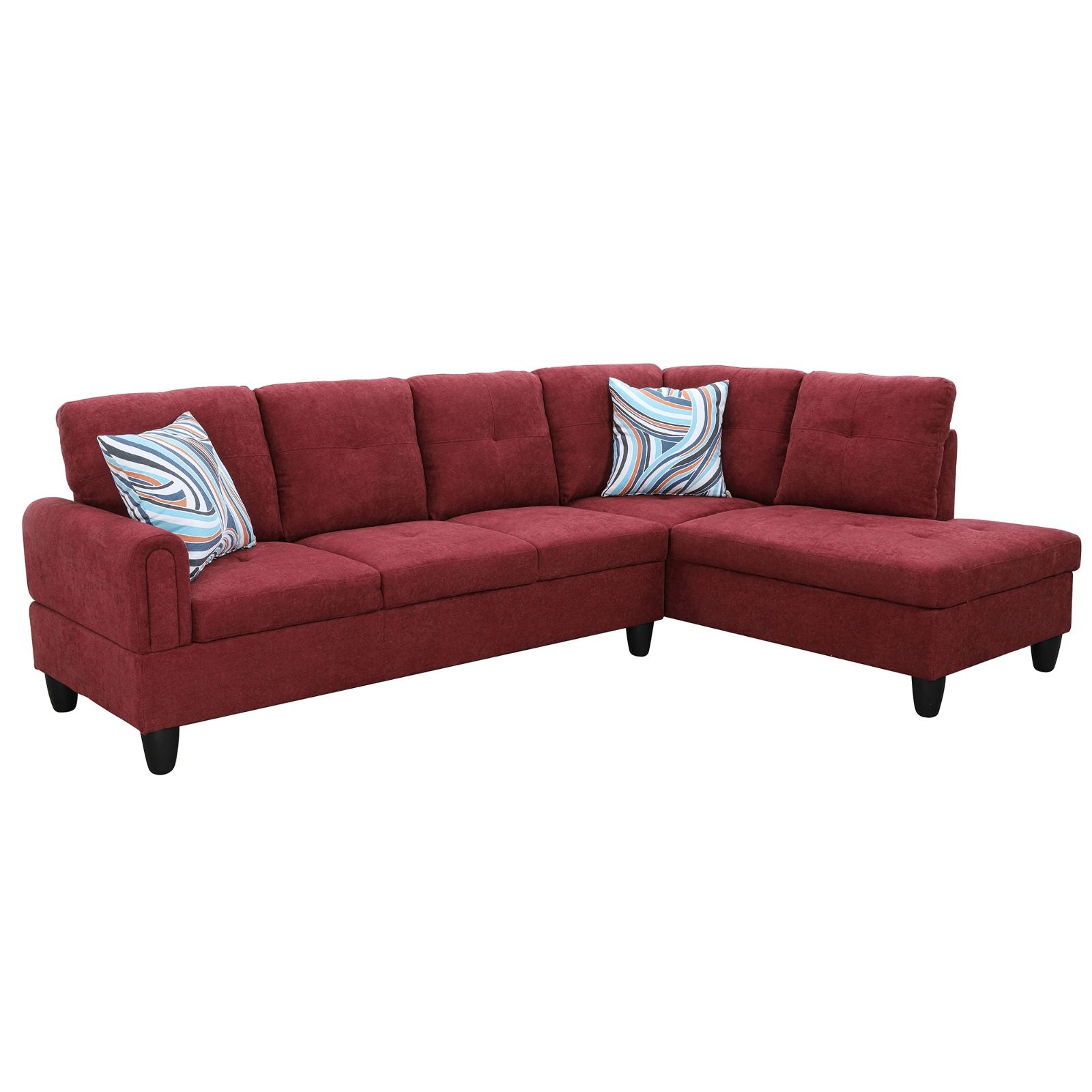 Deep red fabric sectional sofa with two decorative pillows