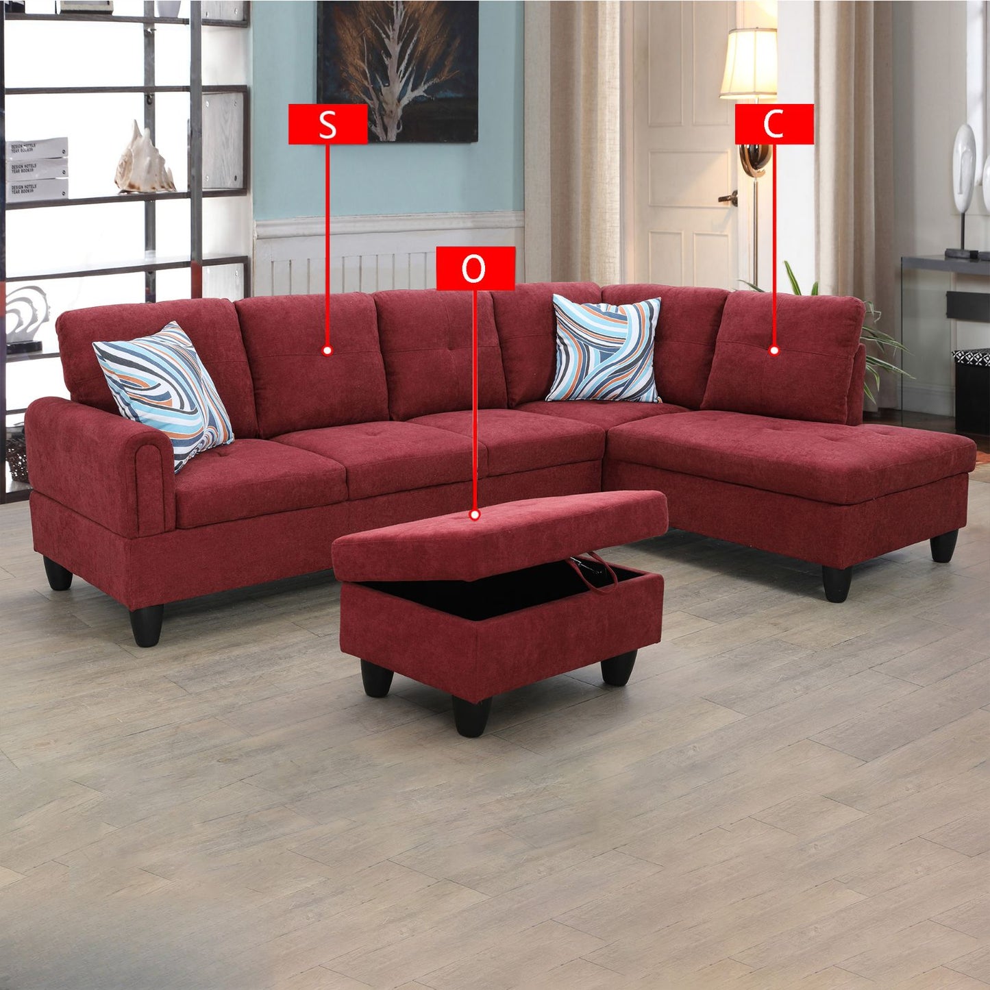Red sectional sofa with ottoman