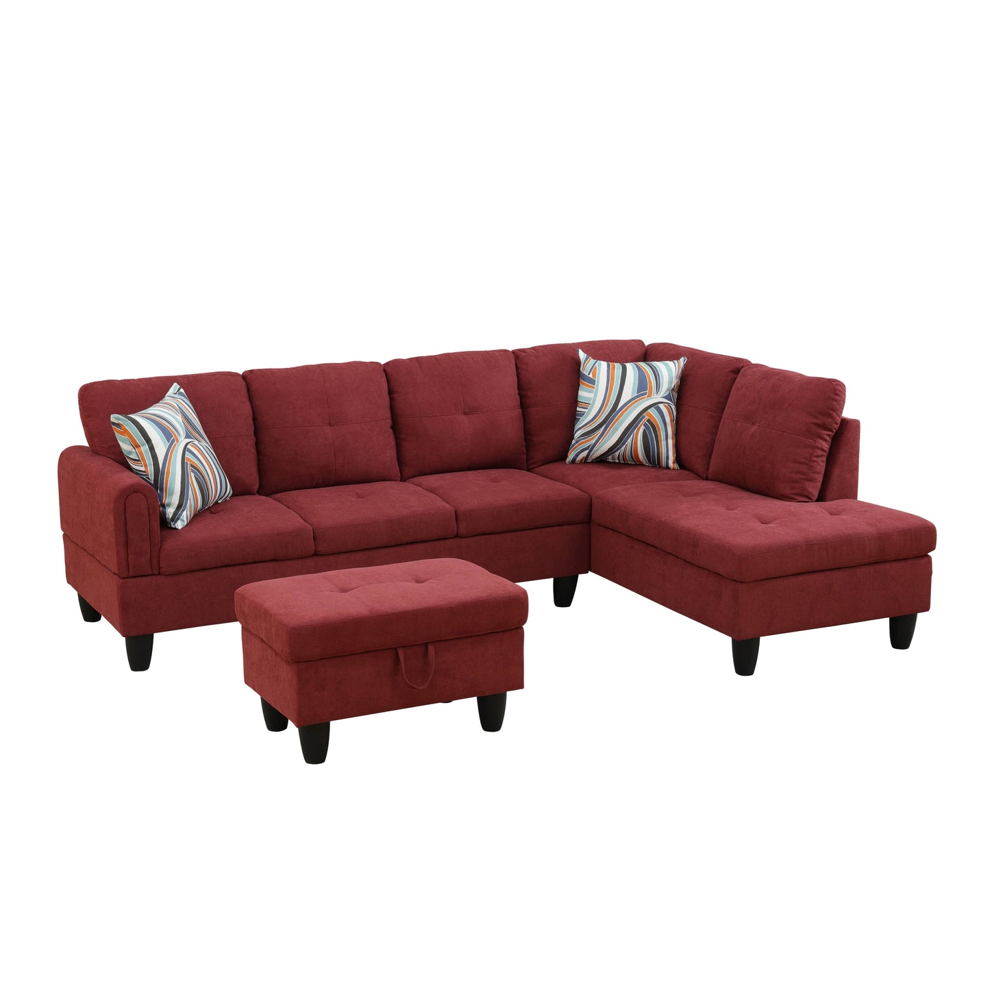 Red sectional sofa with chaise and storage ottoman