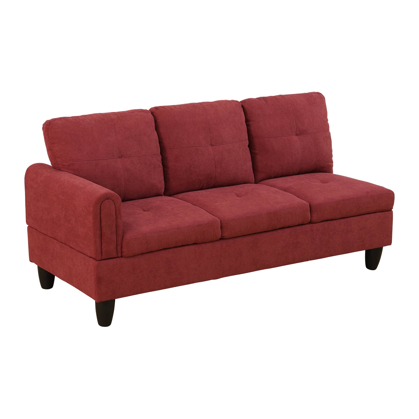 Red fabric sofa with tufted cushions and dark wood legs