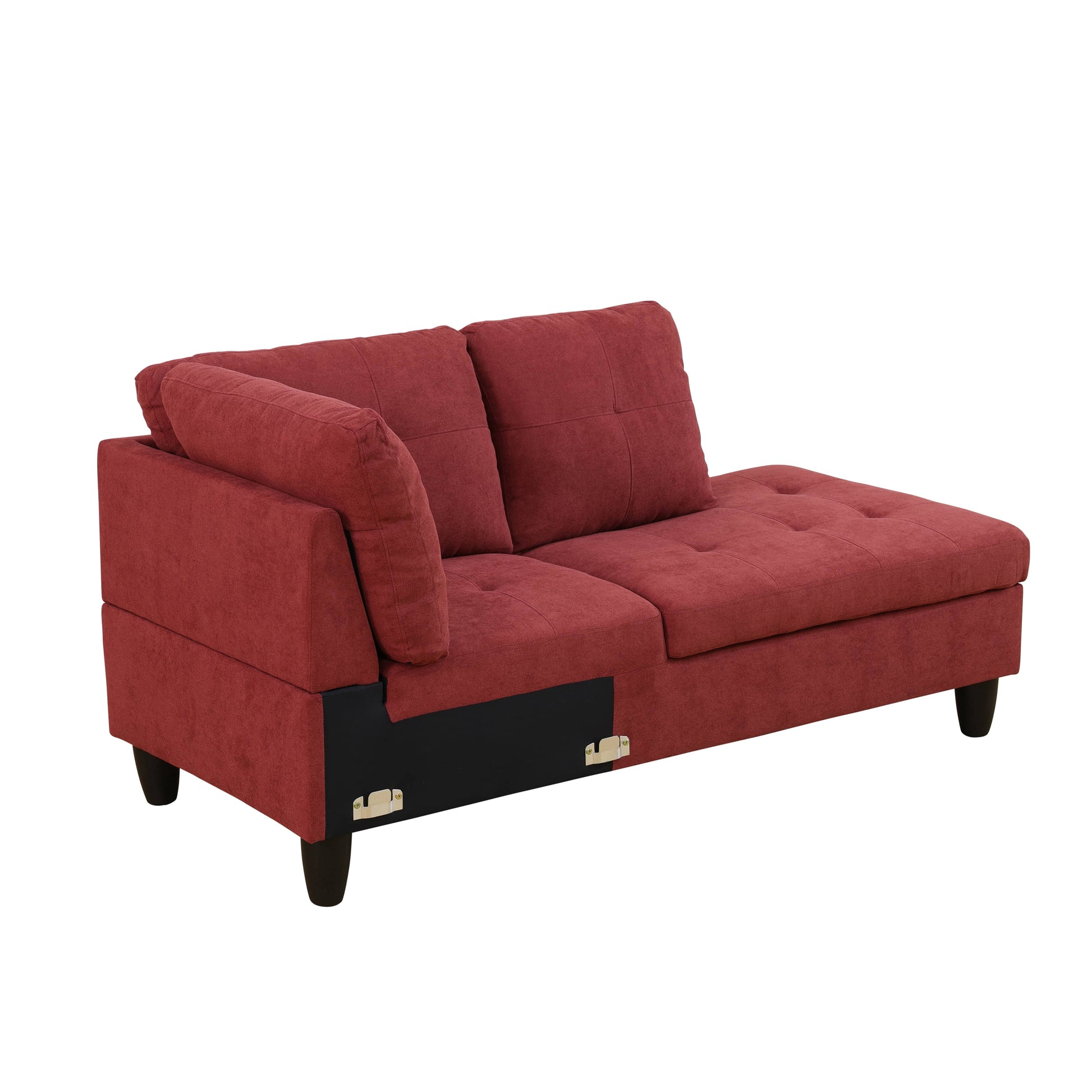 Red upholstered sofa with chaise lounge and tufted accents