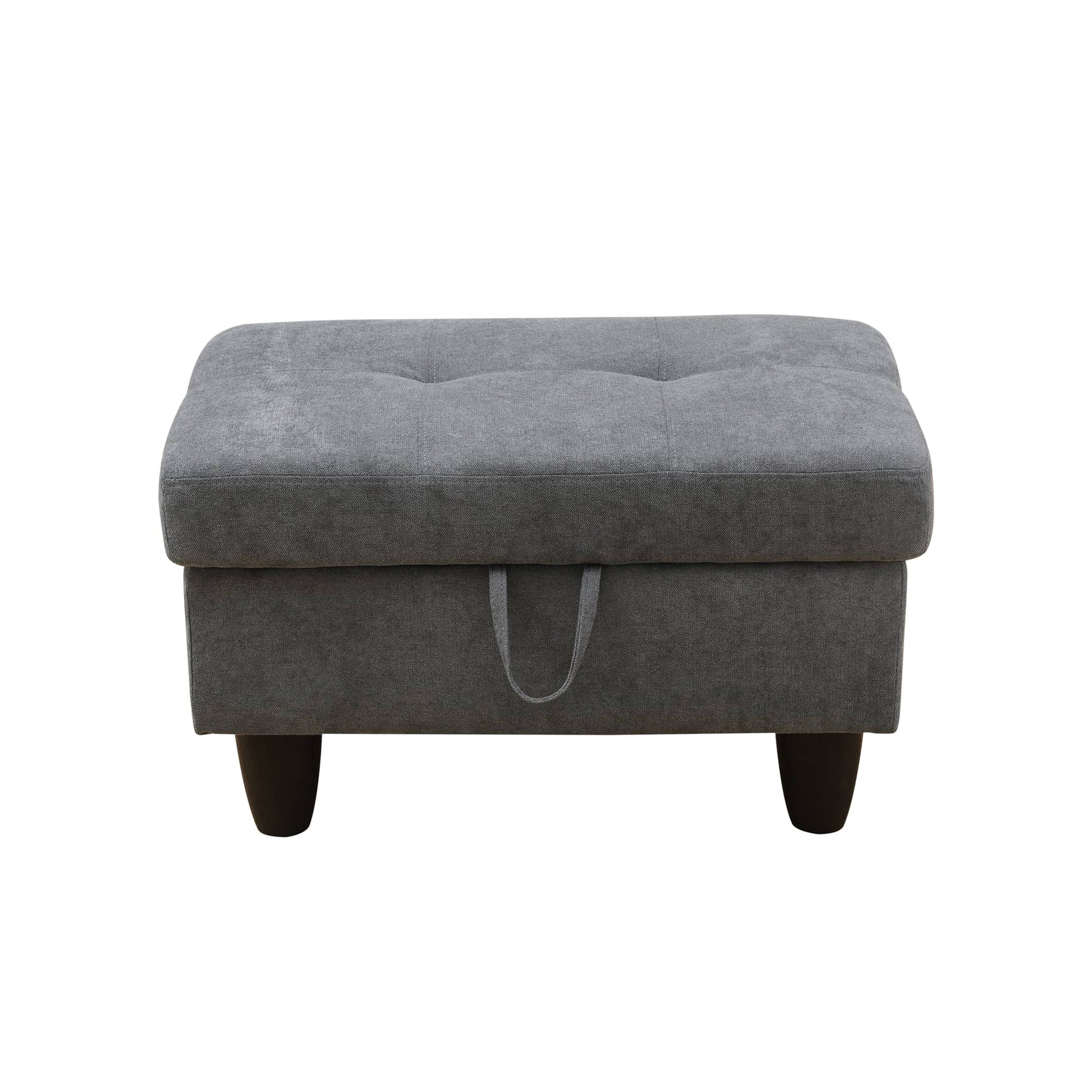 Grey fabric storage ottoman with tufted lid and pull handle