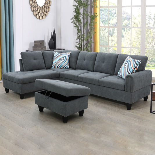 Dark gray sectional sofa with storage ottoman and colorful accent pillows