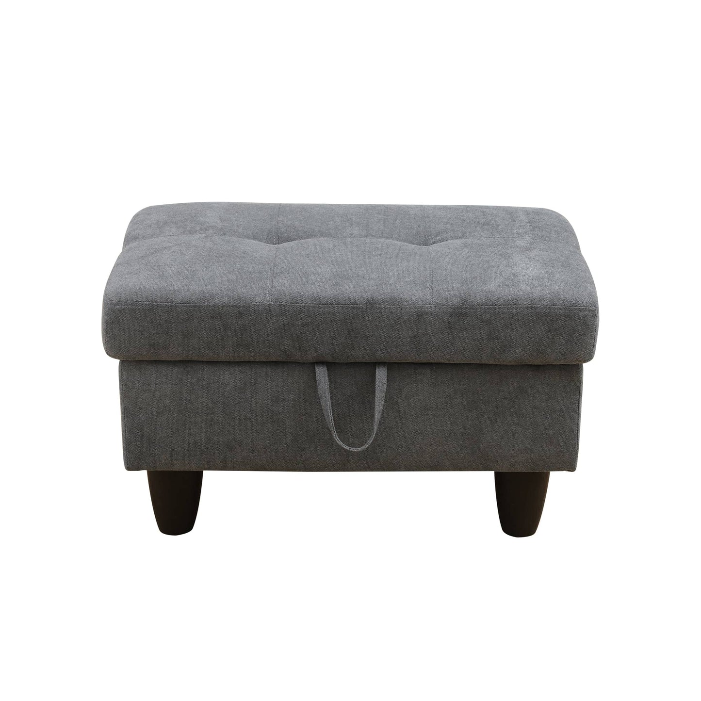 Grey fabric storage ottoman with tufted lid and loop handle