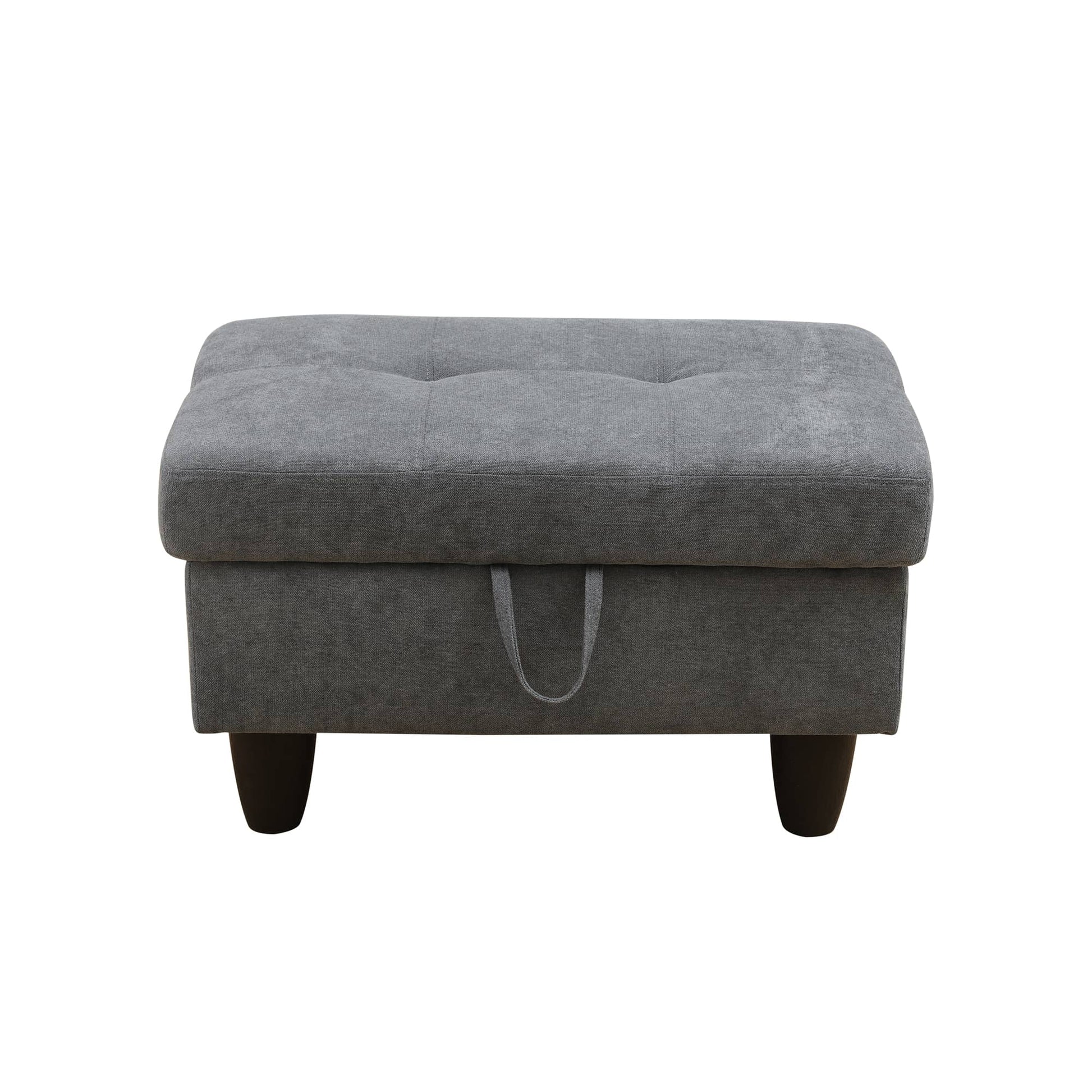 Grey fabric storage ottoman with tufted lid and loop handle