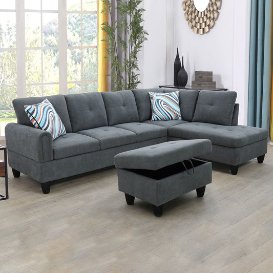 Dark gray fabric sectional sofa with open storage ottoman