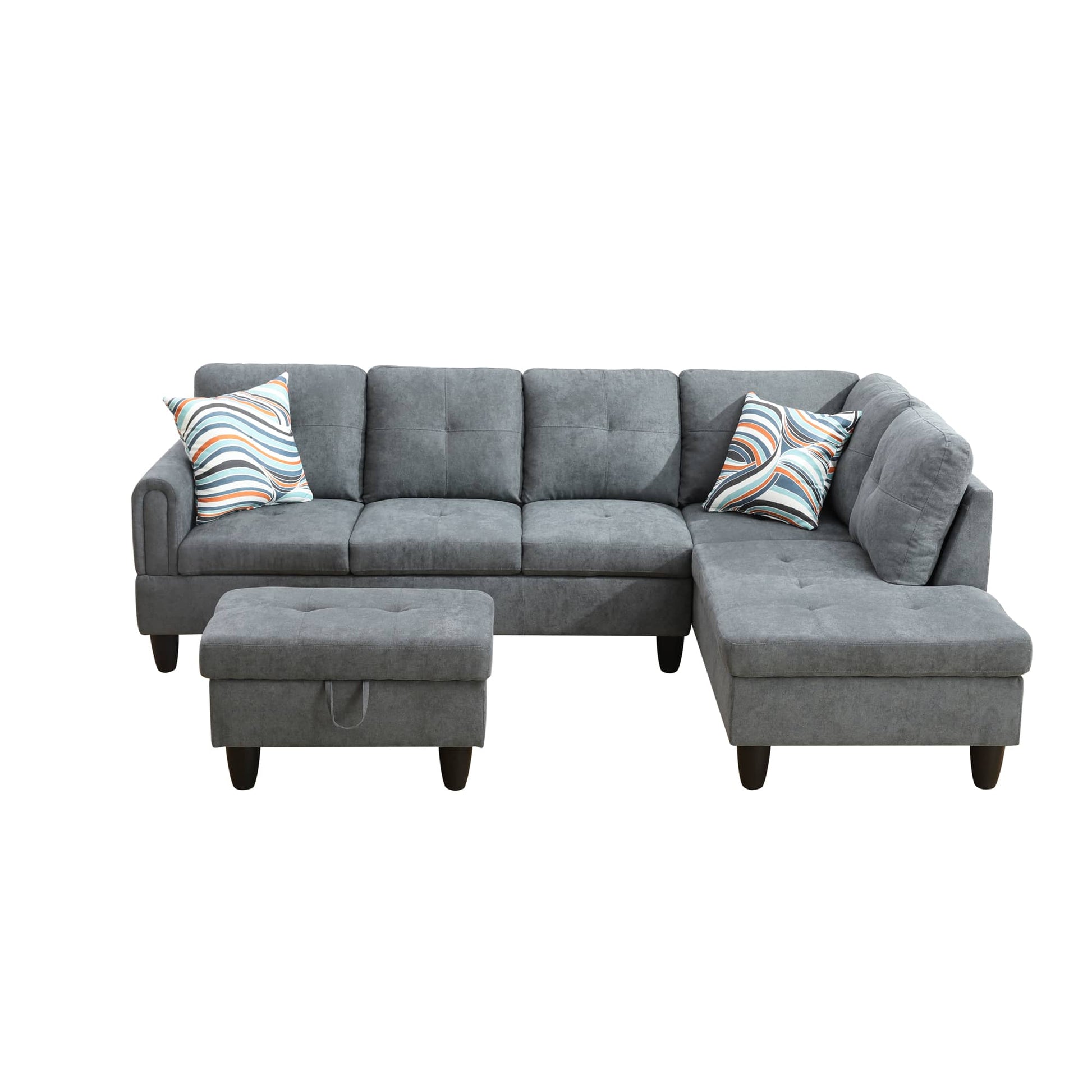 Gray fabric sectional sofa with storage ottoman and striped throw pillows