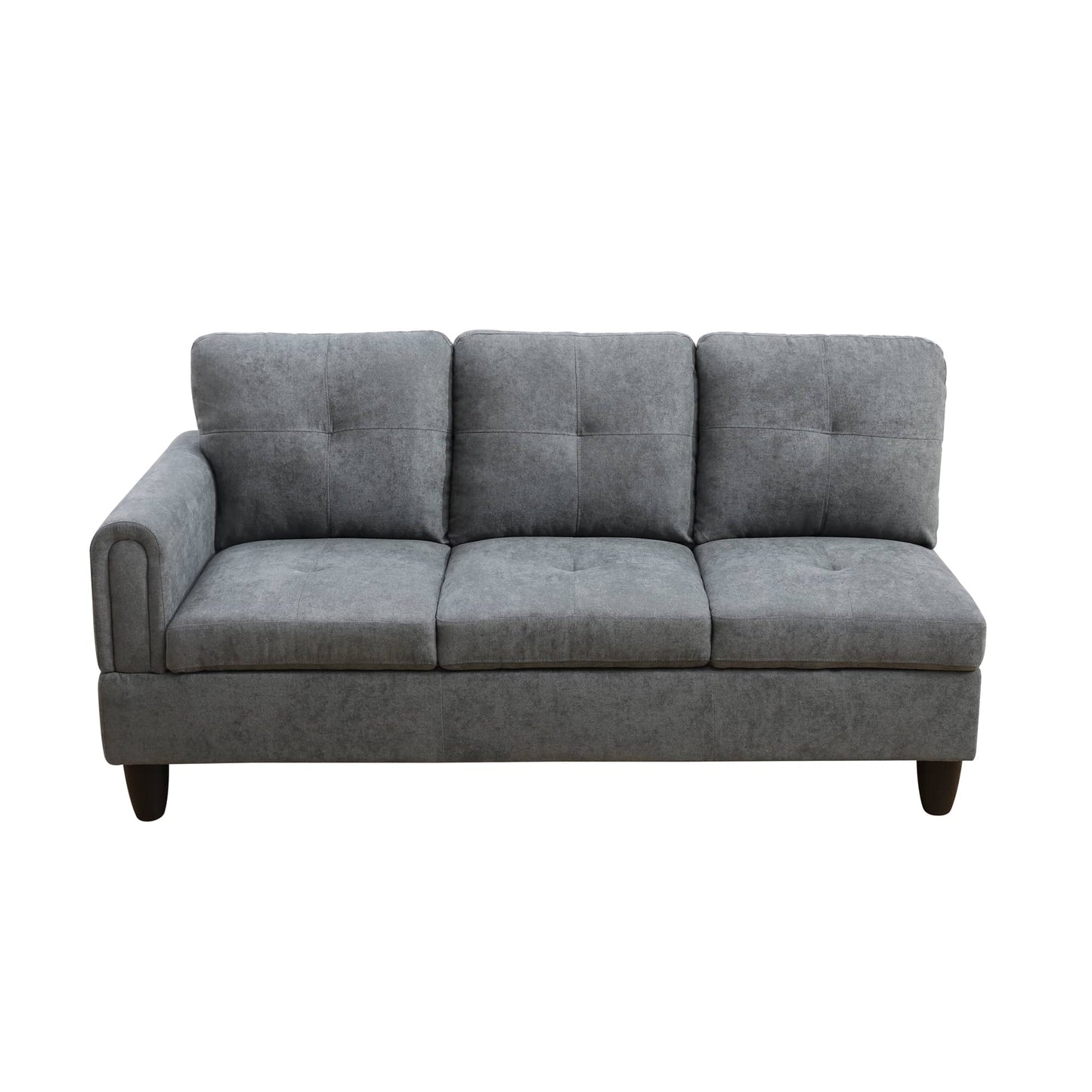 Gray fabric sectional sofa with tufted cushions and tapered legs