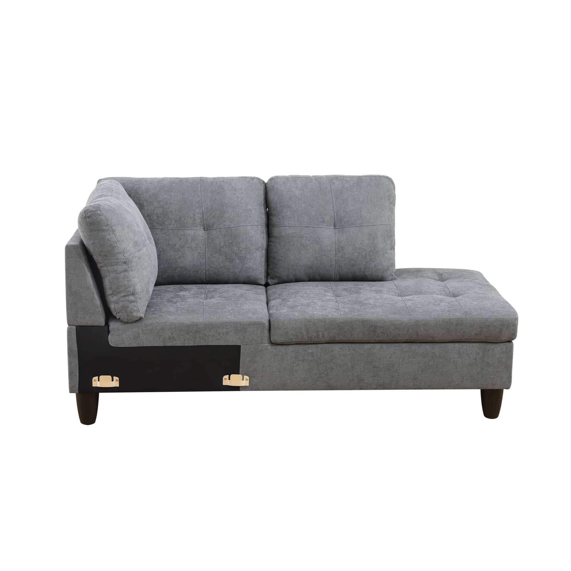 Modern gray fabric sectional sofa with tufted cushions and chaise lounge