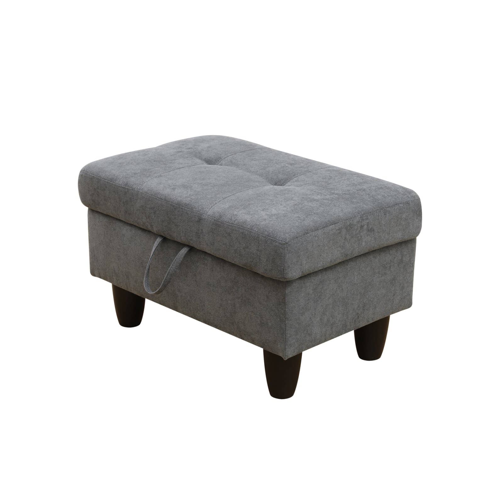 Tufted grey fabric storage ottoman with dark wood legs