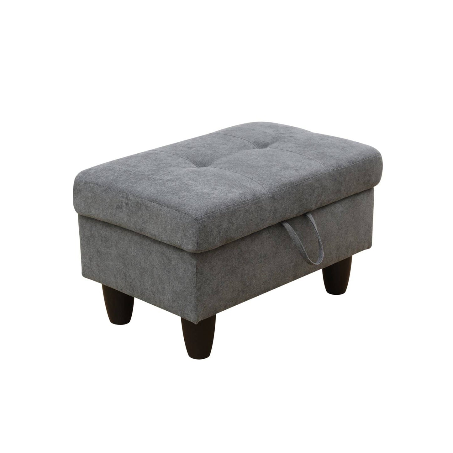 Grey tufted storage ottoman with wooden legs and pull tab