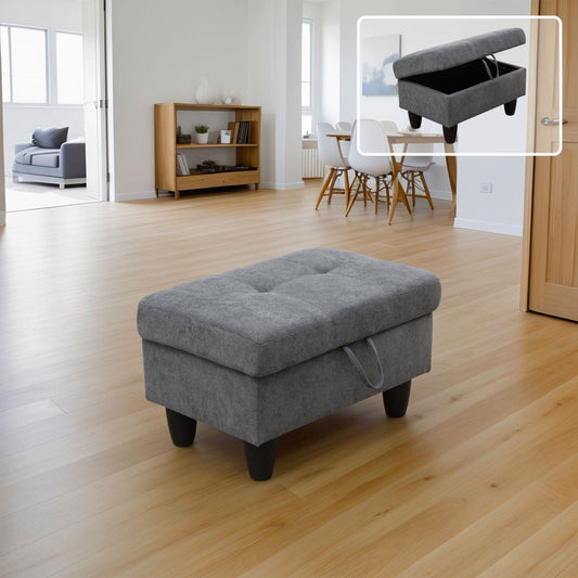 Gray tufted storage ottoman with hidden compartment and dark tapered legs