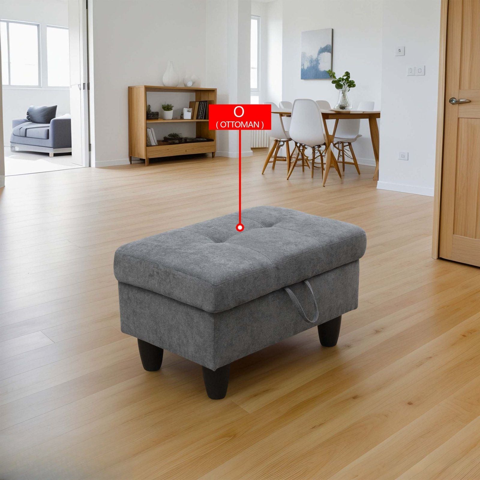 Tufted grey fabric storage ottoman with black legs