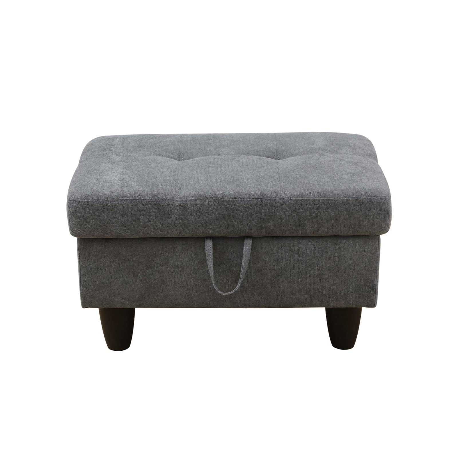 Gray tufted storage ottoman with handle and dark tapered legs