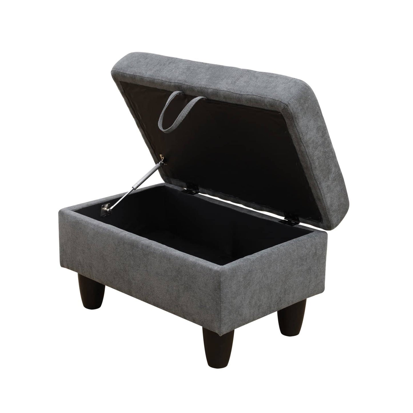 Grey fabric storage ottoman with lid open