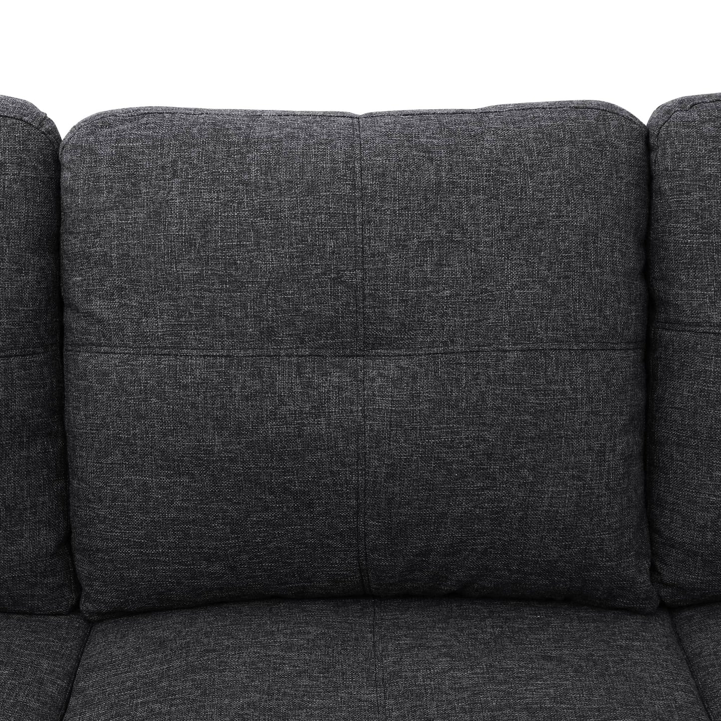 Dark gray upholstered sofa cushion with textured fabric and stitching