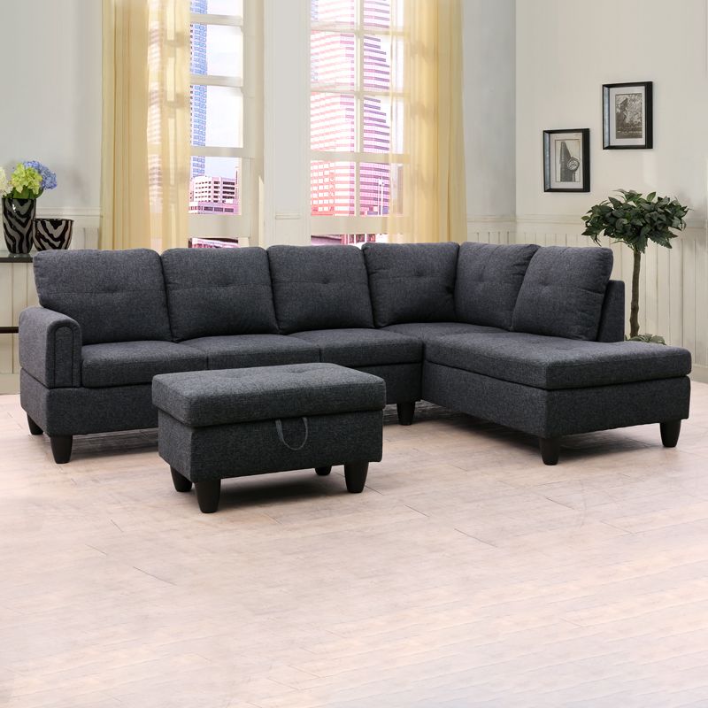 Dark gray fabric sectional sofa with storage ottoman