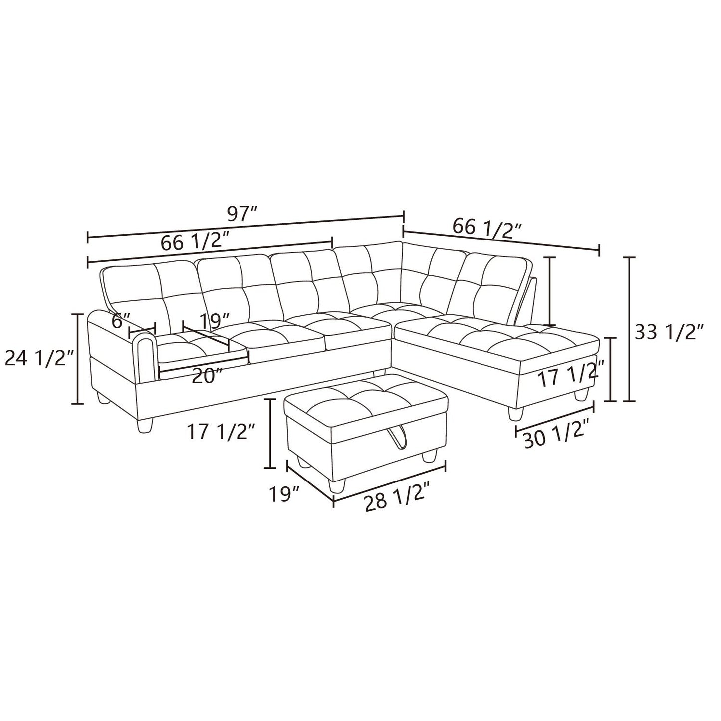 Diagram of tufted sectional sofa with ottoman and dimensions