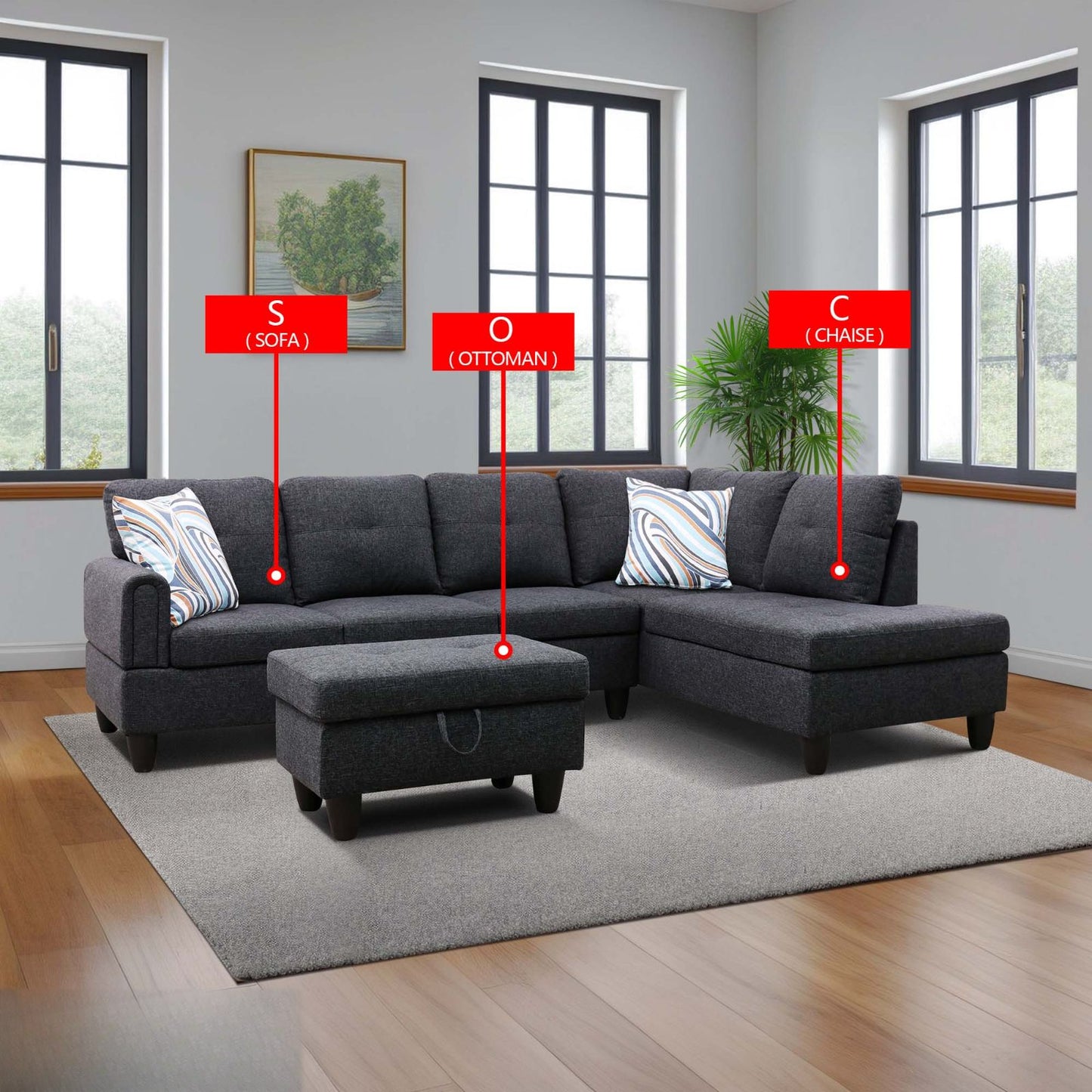 Dark grey fabric sectional sofa with ottoman