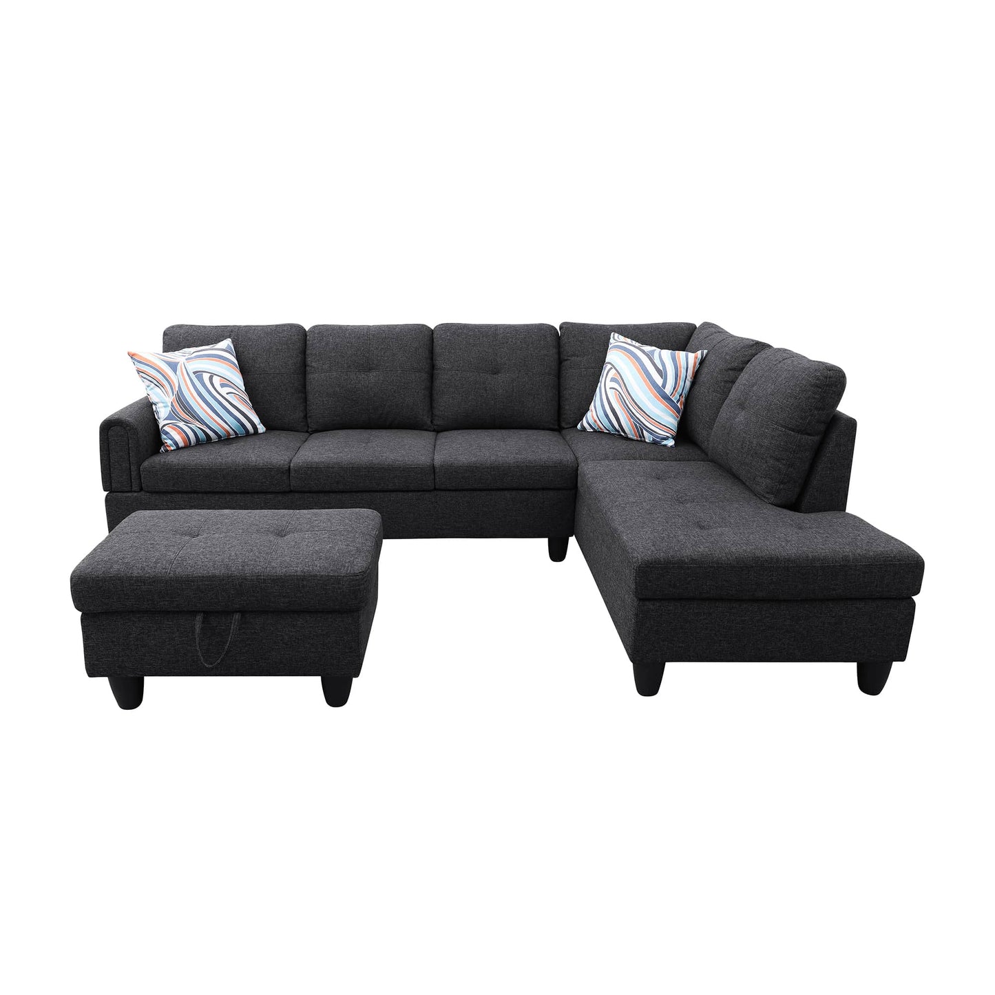 Dark grey fabric sectional sofa with storage ottoman and abstract patterned pillows