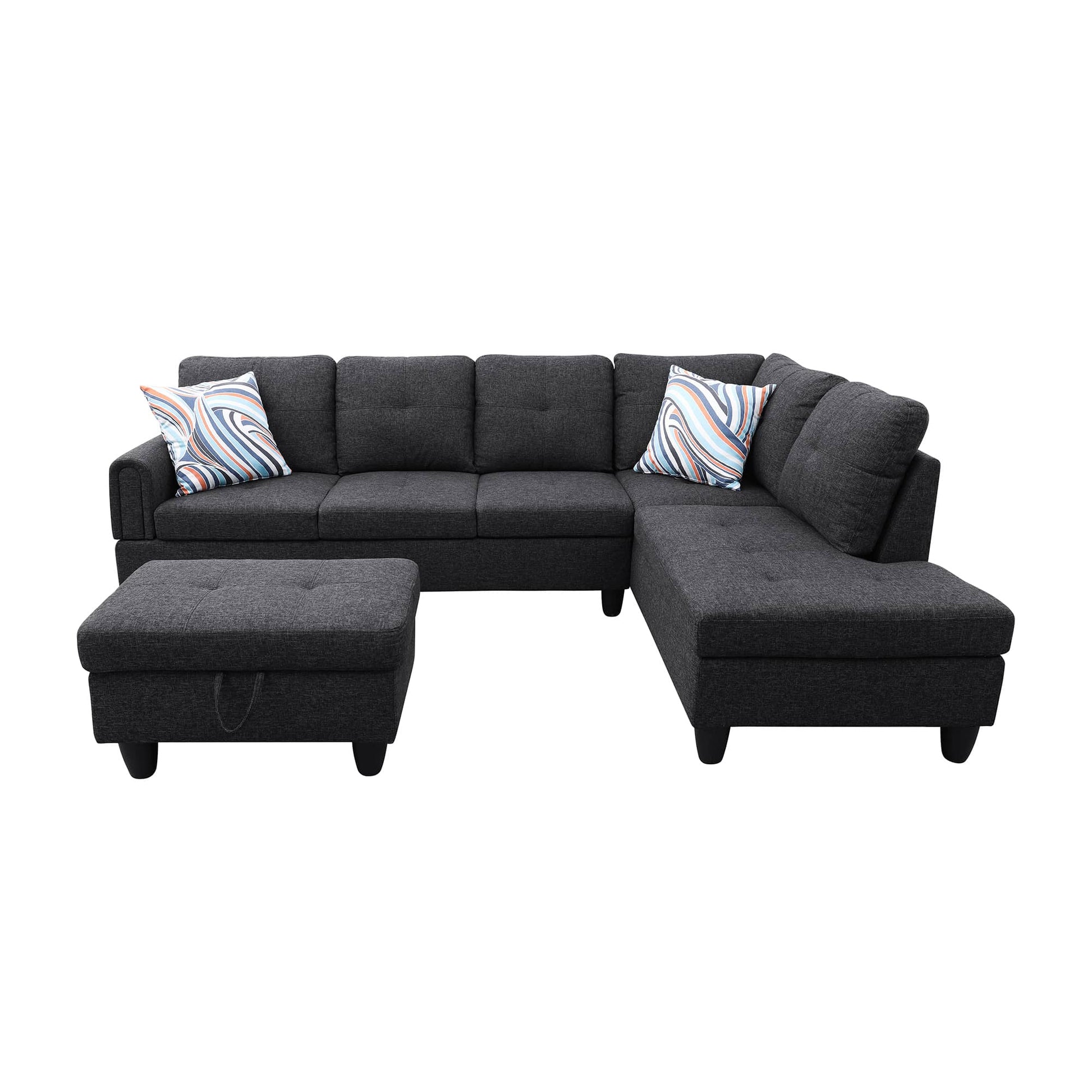 Dark grey fabric sectional sofa with storage ottoman and abstract patterned pillows
