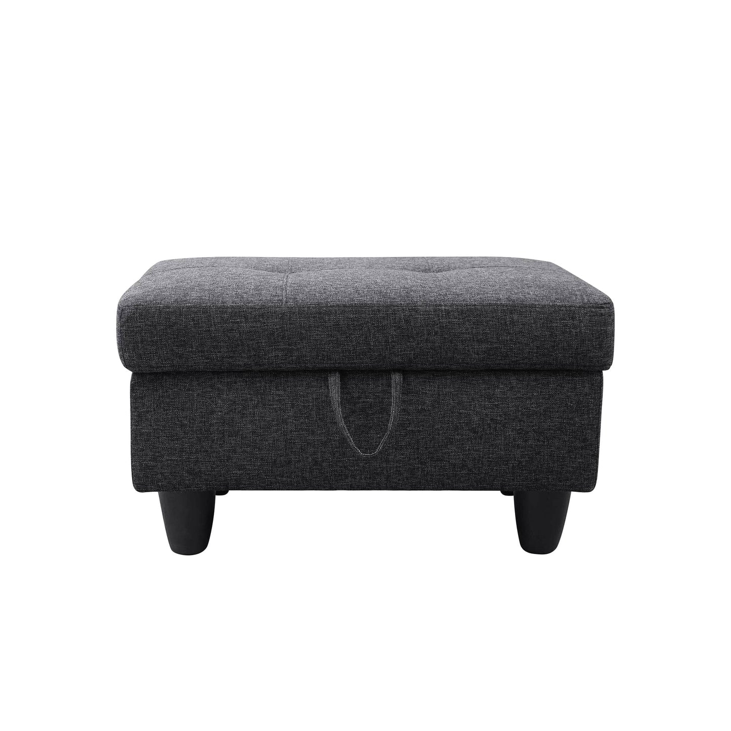 Dark grey upholstered storage ottoman with tufted lid and front pull handle