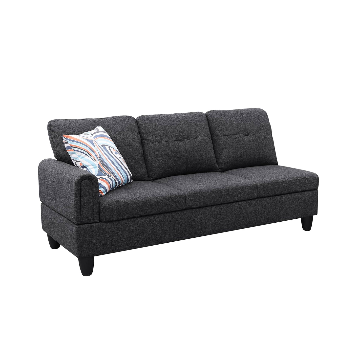 Dark grey linen sofa with tufted cushions and abstract patterned accent pillow