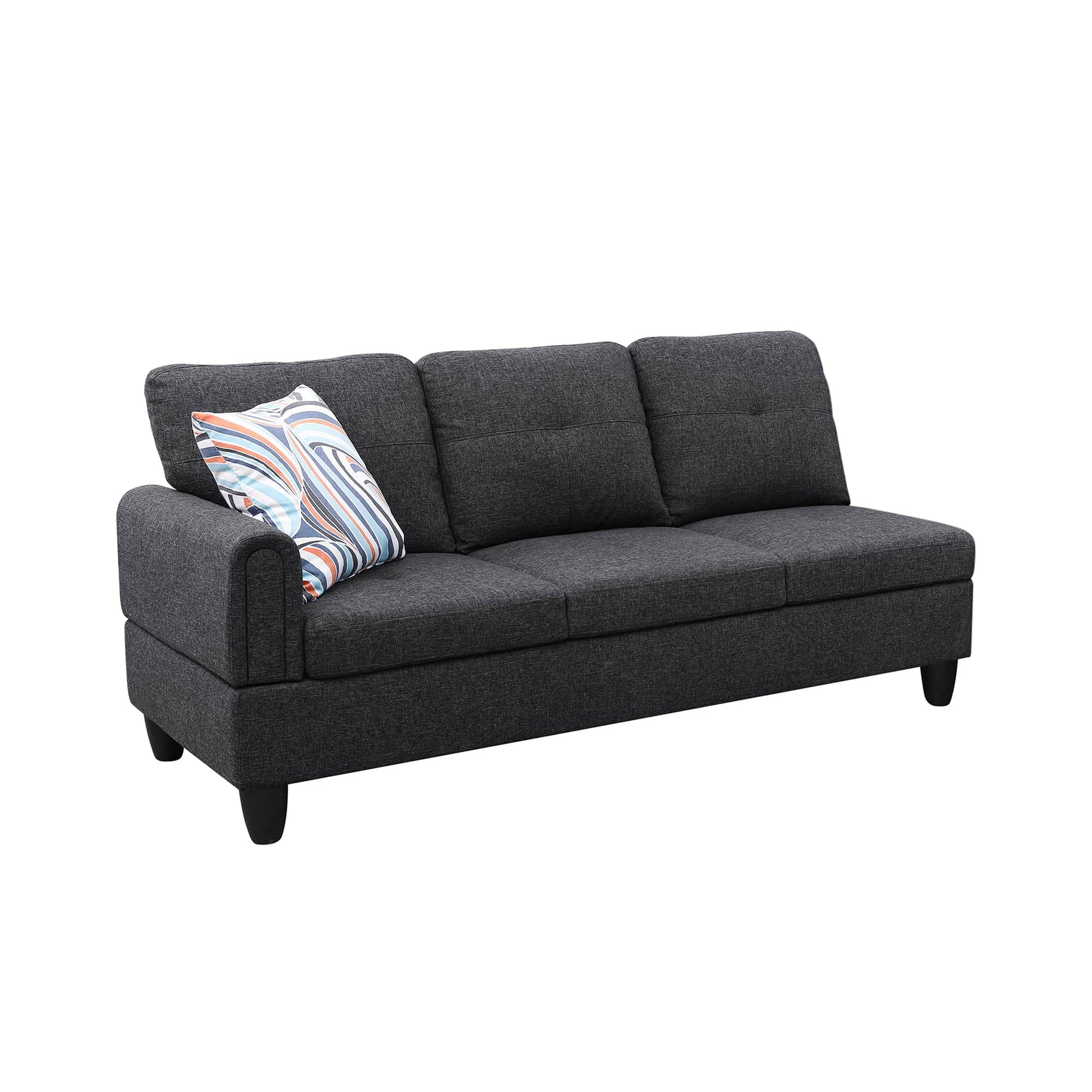 Dark grey linen sofa with tufted cushions and abstract patterned accent pillow