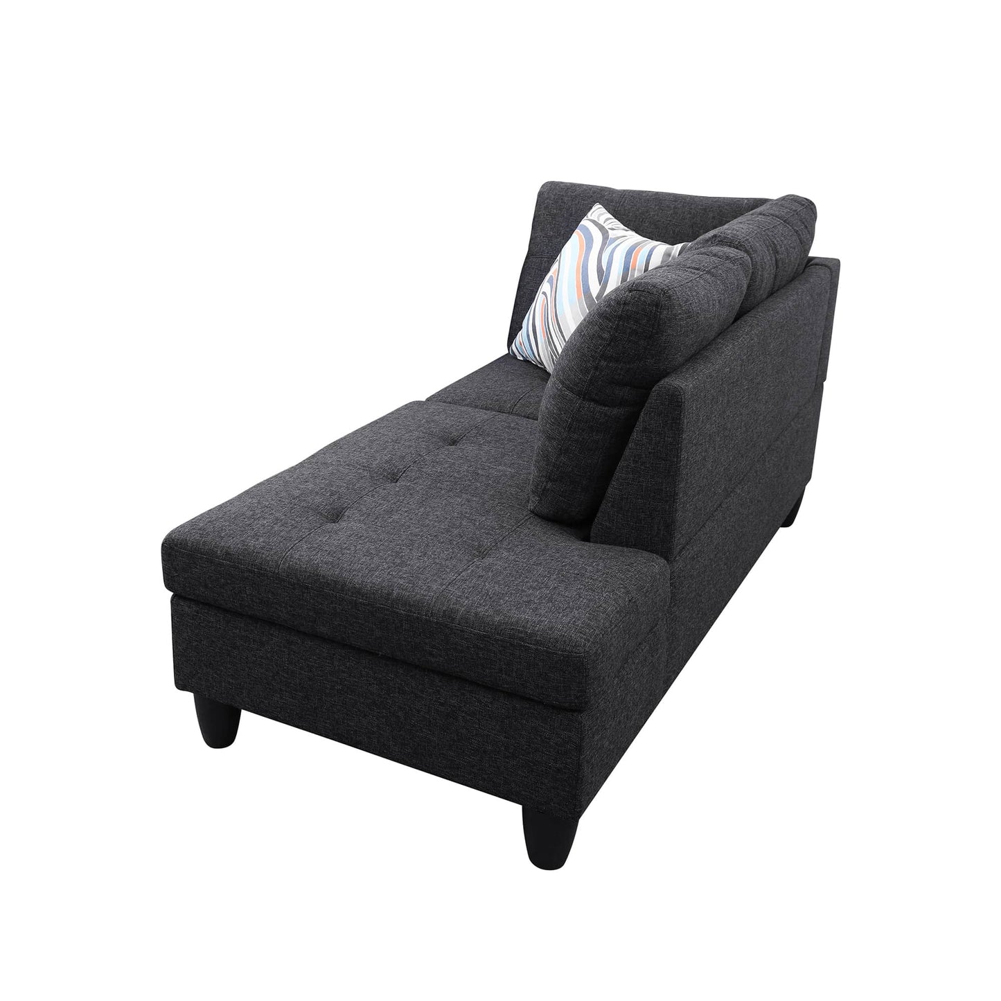 Dark gray fabric chaise lounge with tufted seat and striped accent pillow