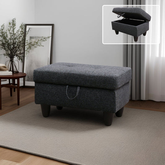 Dark gray tufted storage ottoman with lifttop lid and pullloop handle