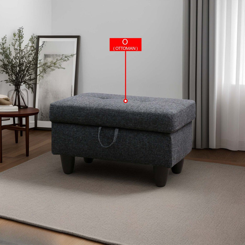Dark grey tufted storage ottoman with a loop puller