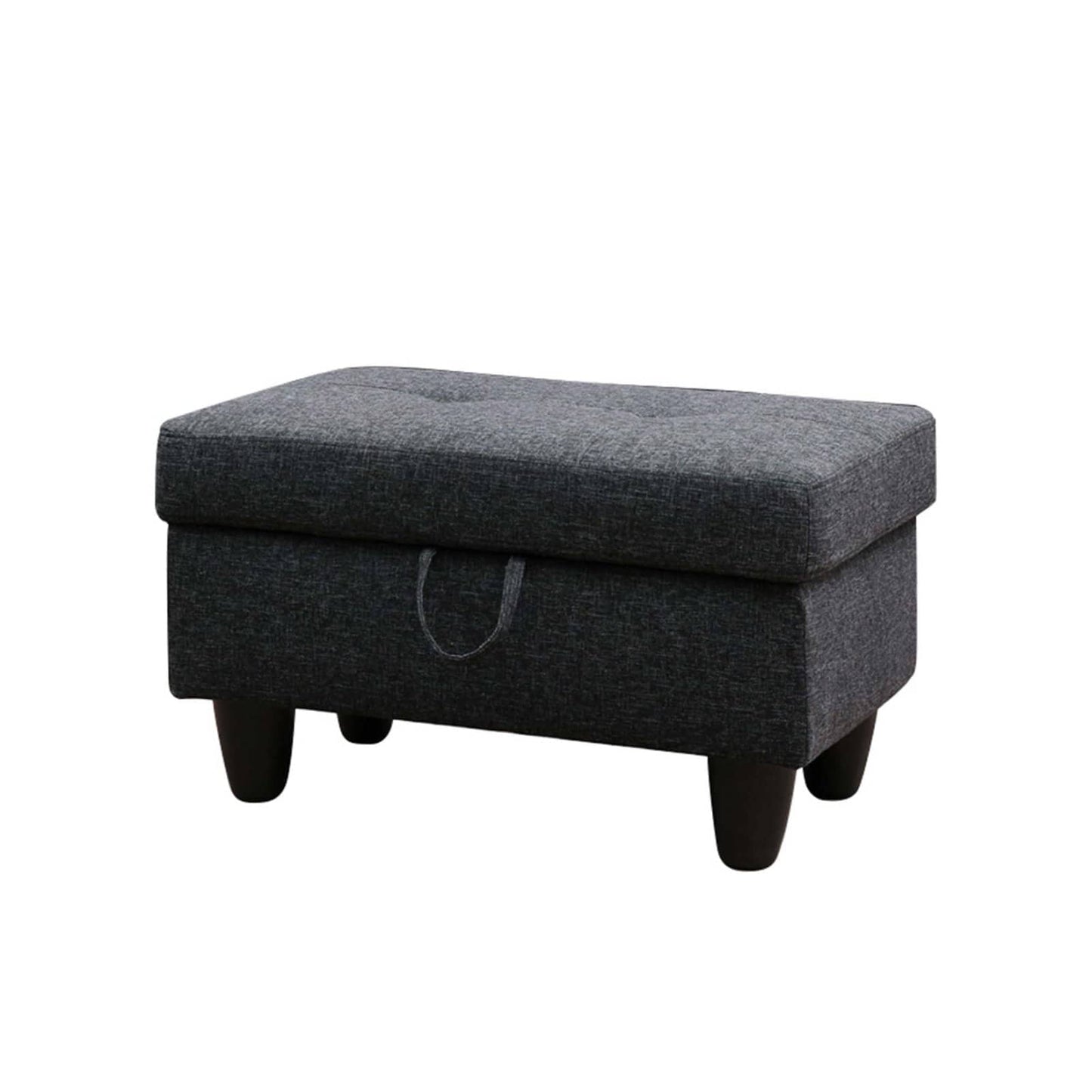 Tufted dark grey fabric storage ottoman with dark wooden legs and a pull loop
