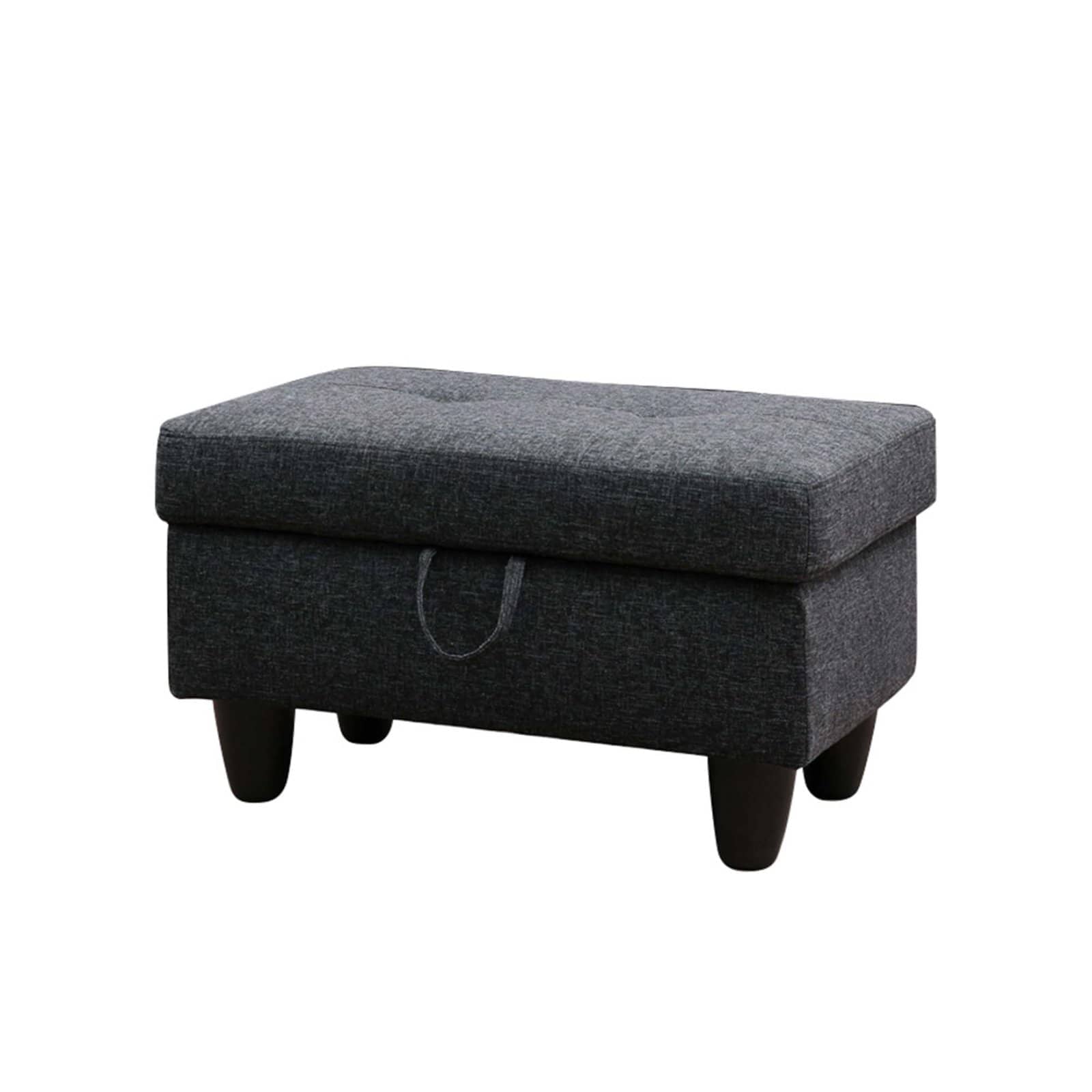 Tufted dark grey fabric storage ottoman with dark wooden legs and a pull loop