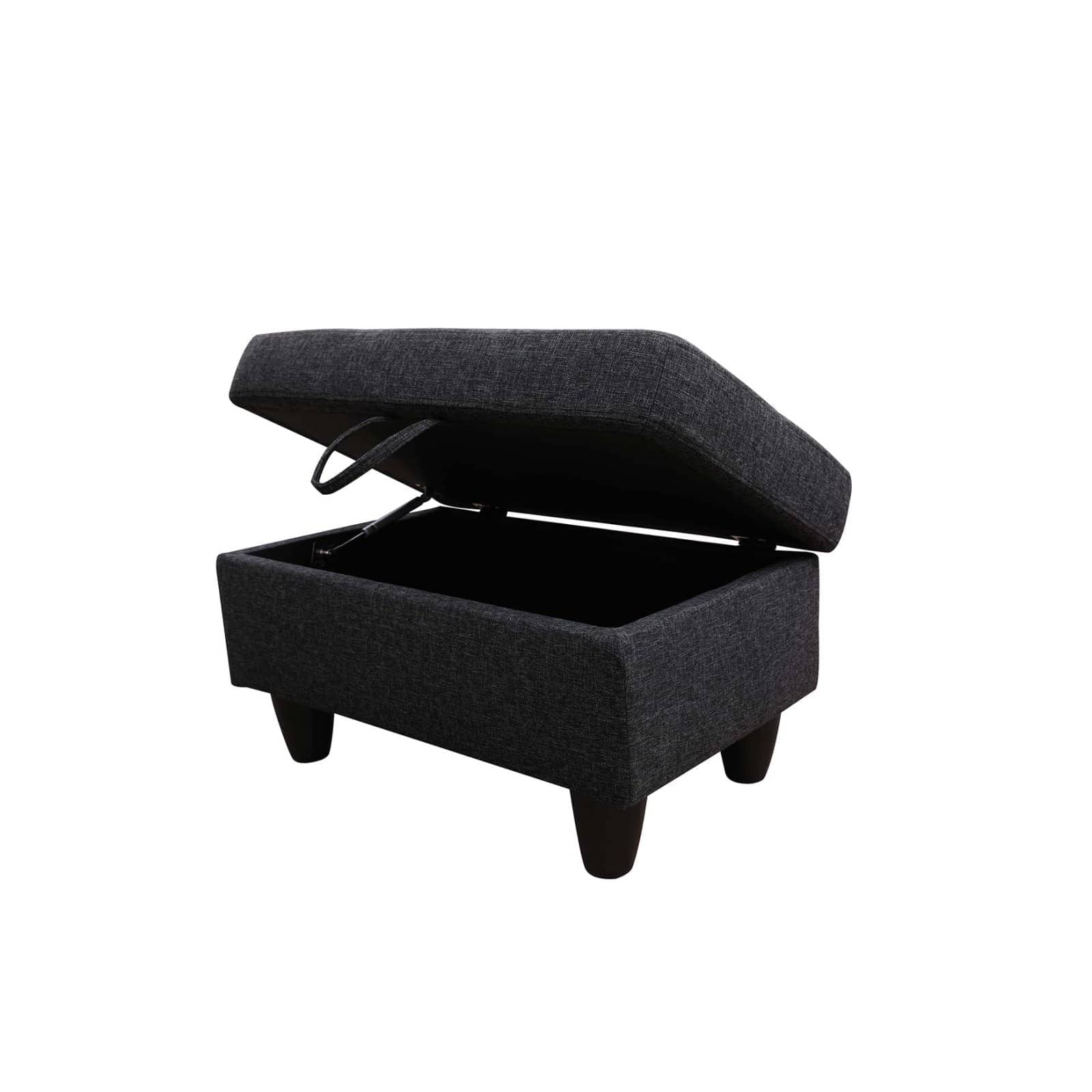 Dark grey fabric storage ottoman with lid open revealing empty interior