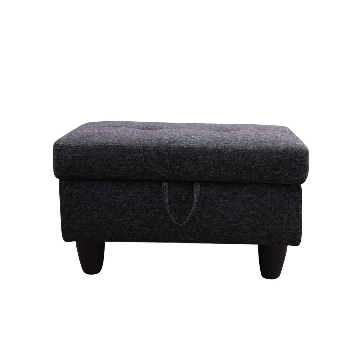 Dark gray linen storage ottoman with button tufting and dark wood legs