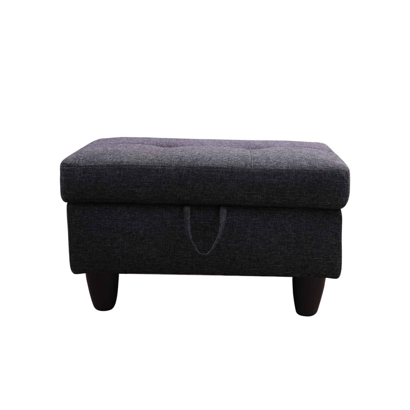 Dark gray linen storage ottoman with button tufting and dark wood legs