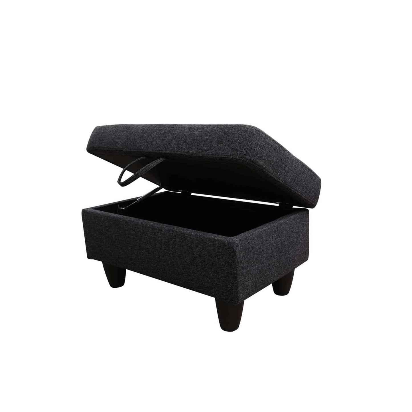 Dark gray fabric storage ottoman with lifttop lid open