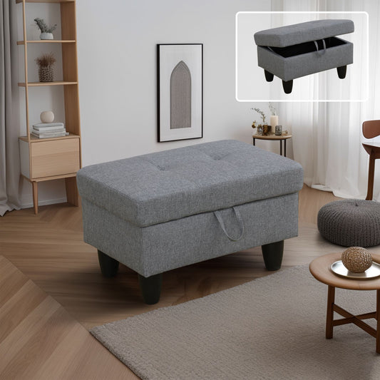 Grey fabric storage ottoman with buttontufted top and side handle