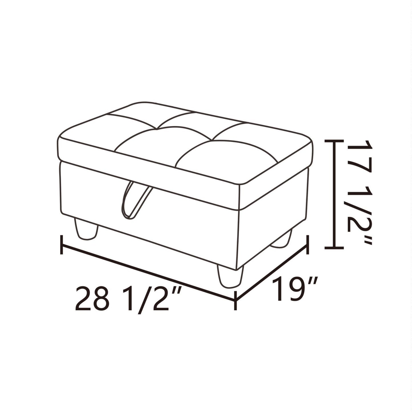 Tufted storage ottoman line drawing with dimensions