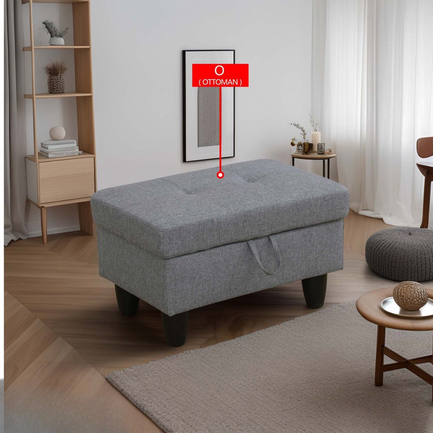 Grey fabric storage ottoman with button tufting and dark wooden legs