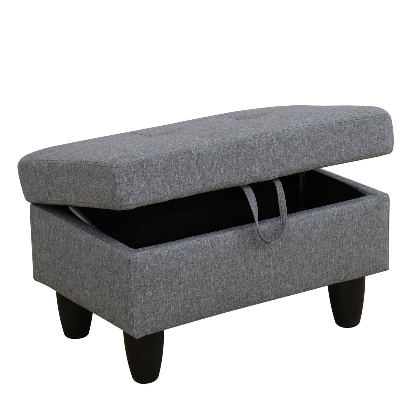 Grey fabric storage ottoman with tufted lid
