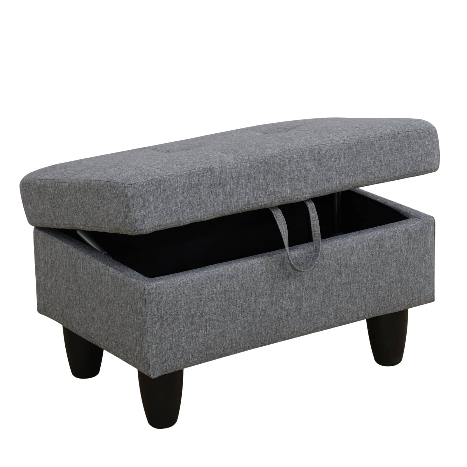 Grey fabric storage ottoman with tufted lid