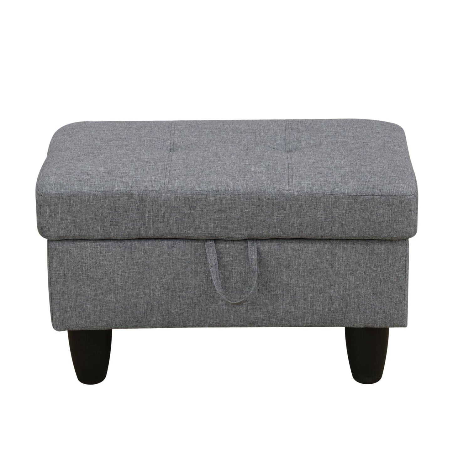 Gray linen storage ottoman with tufted lid and pull handle