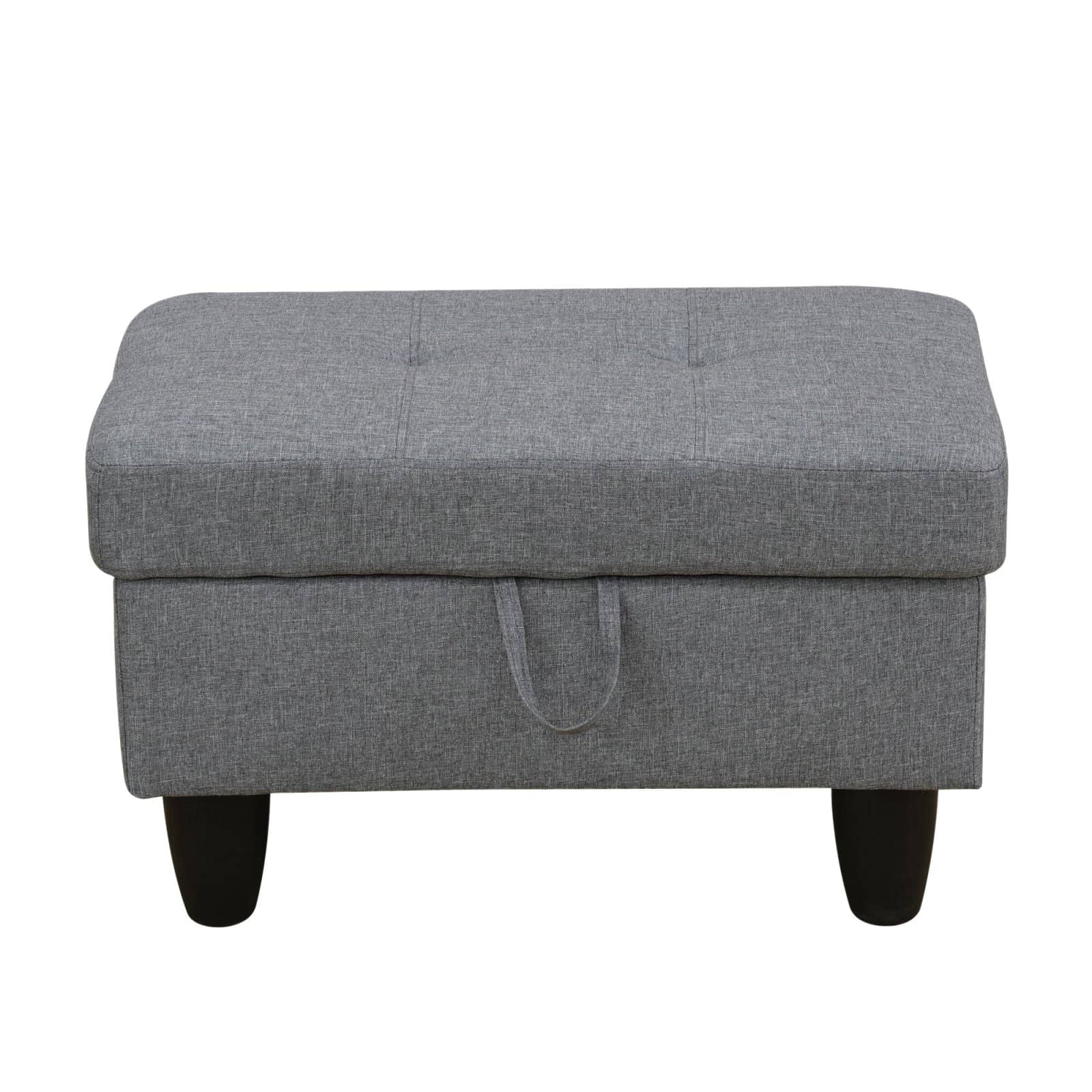 Gray linen storage ottoman with tufted lid and pull handle