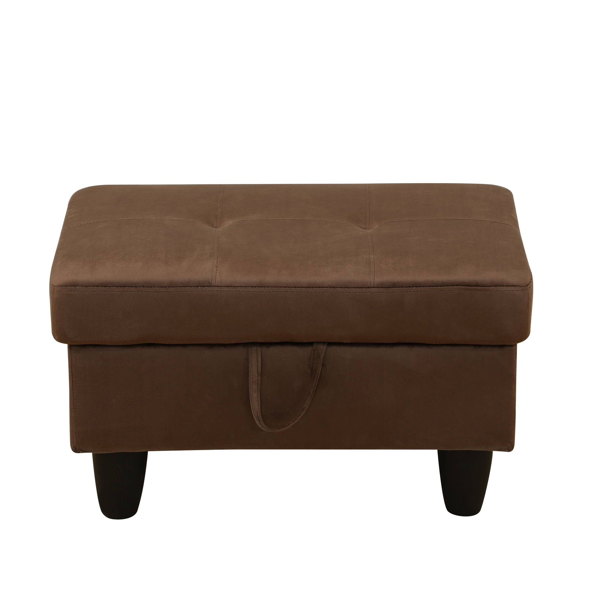 Brown tufted storage ottoman with a hidden pull tab