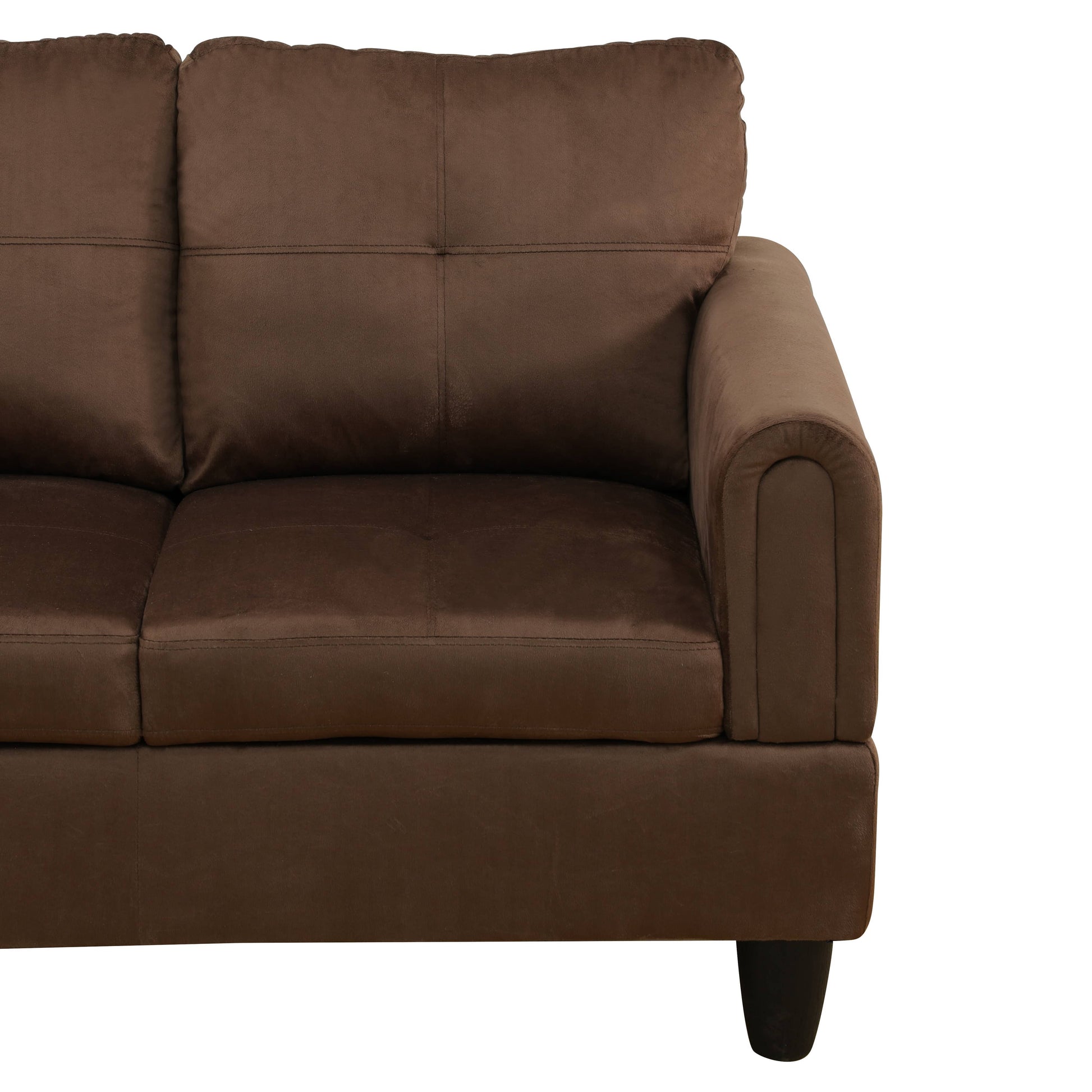 Brown suede threeseater sofa with plush cushions